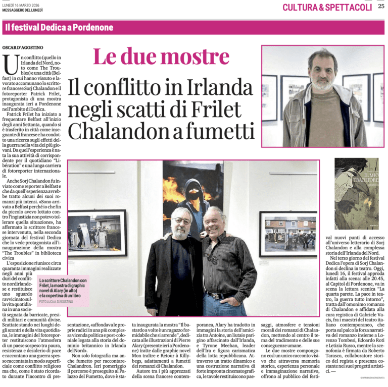 De 1973 à 1981, j’ai couvert la période des « Troubles », nom donné à la lutte anti-coloniale du peuple irlandais en Irlande du Nord. Ce week-end, j’étais invité à présenter 45 photos sur cette période en compagnie de l’écrivain et journaliste Sorj Chalandon qui a écrit entre autres plusieurs livres sur cette période ainsi que du dessinateur de BD, Pierre Alary qui a mis en dessin plusieurs des livres de Sorj. C’était au DedicaFestival de Pordnenone à côté de Venise